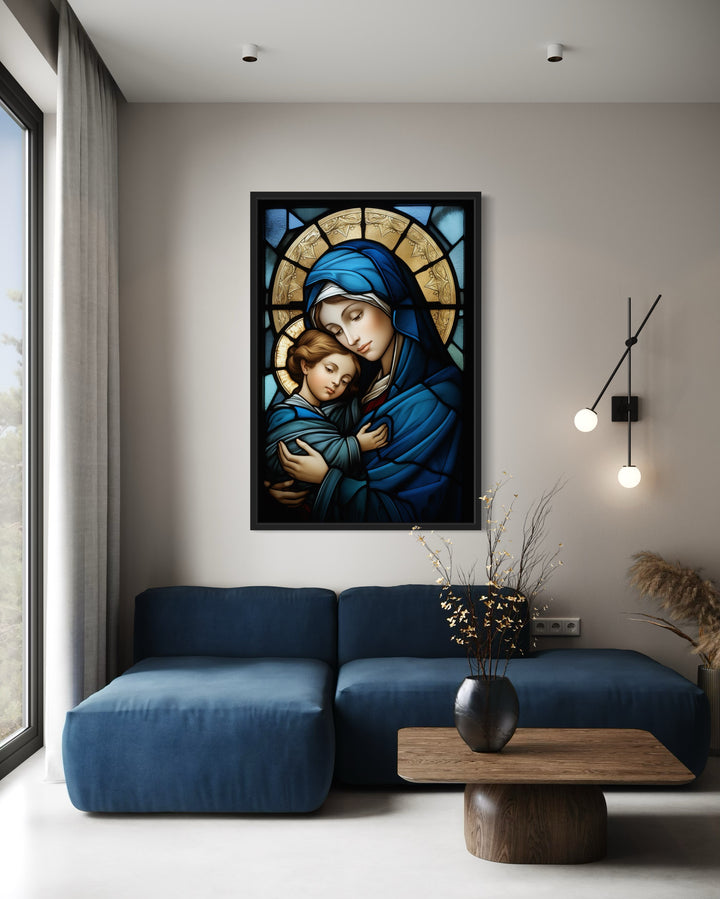 Maria With Baby Jesus Stained Glass Style Framed Canvas Wall Art