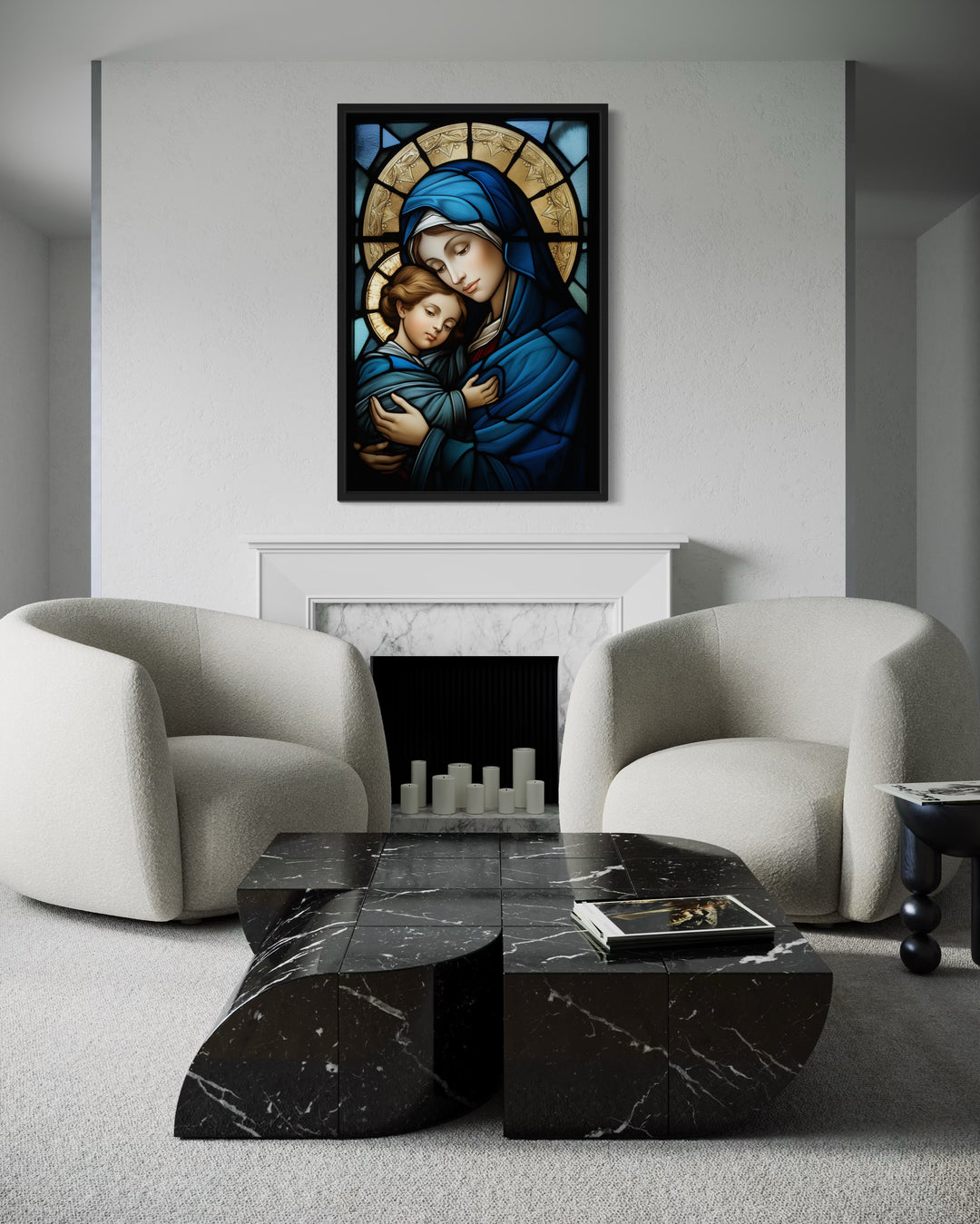 Maria With Baby Jesus Stained Glass Style Framed Canvas Wall Art