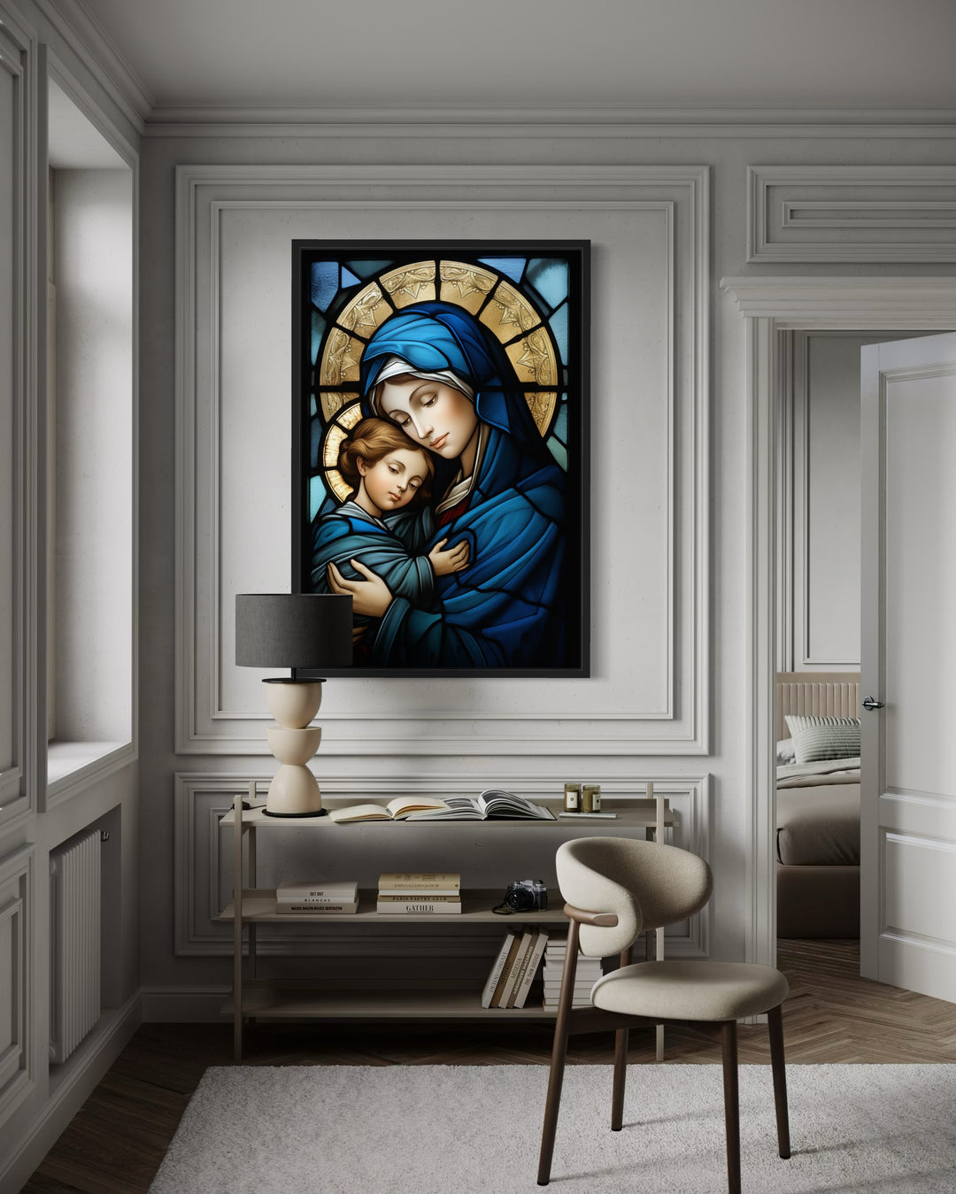Maria With Baby Jesus Stained Glass Style Framed Canvas Wall Art