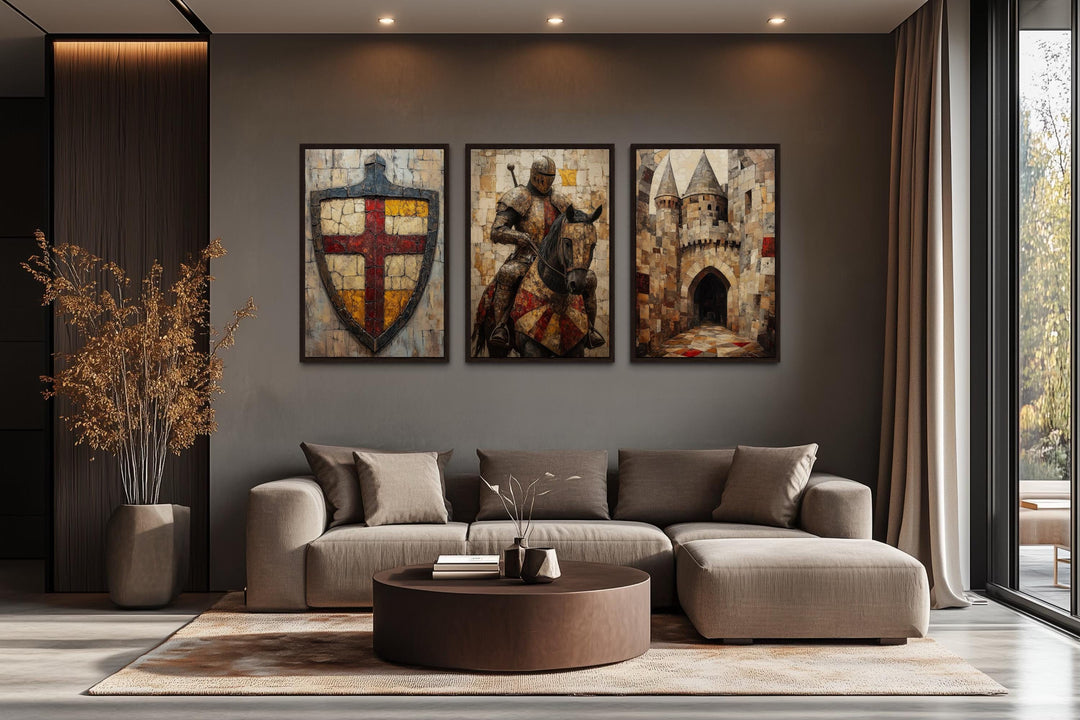 Medieval Wall Art For Men Set of 3 – Knight on Horse, Castle, and Shield
