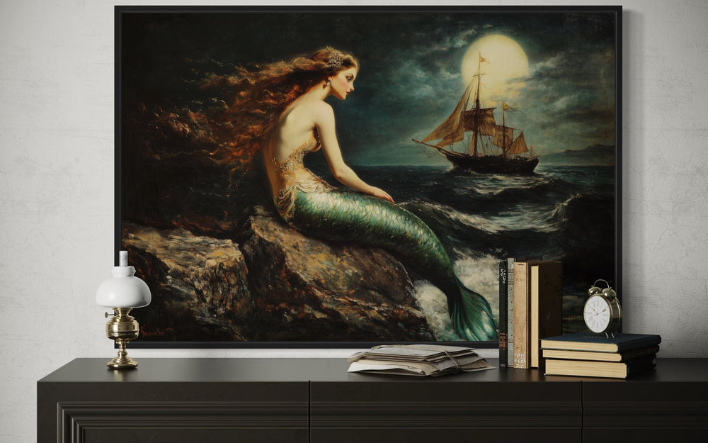 Mermaid and Ship Under Moon Dark Academia Framed Canvas Wall Art
