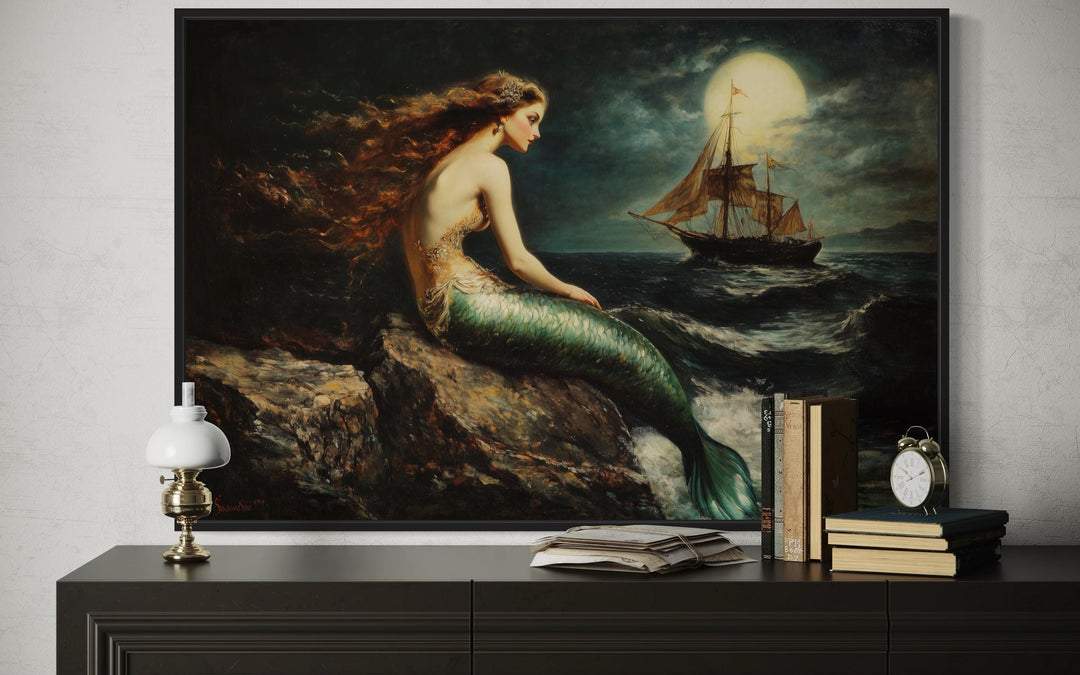 Mermaid and Ship Under Moon Dark Academia Framed Canvas Wall Art