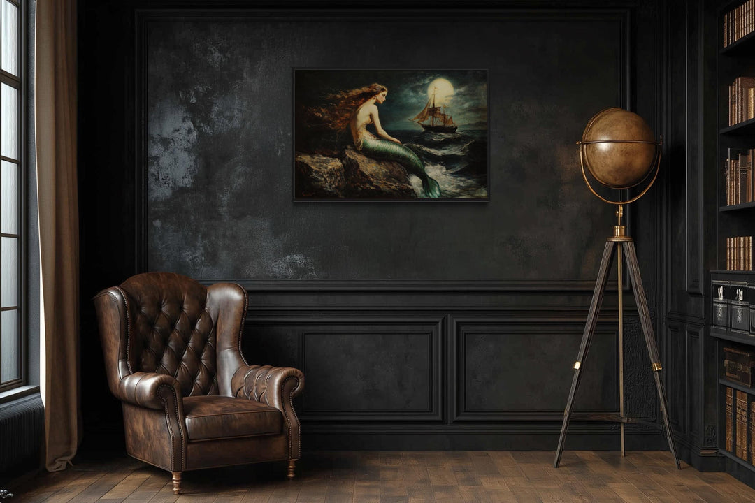 Mermaid and Ship Under Moon Dark Academia Framed Canvas Wall Art
