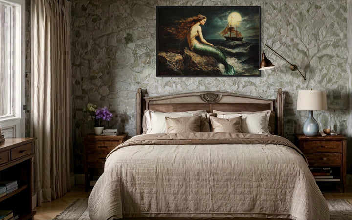 Mermaid and Ship Under Moon Dark Academia Framed Canvas Wall Art