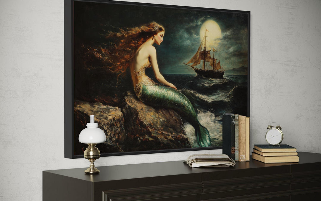 Mermaid and Ship Under Moon Dark Academia Framed Canvas Wall Art