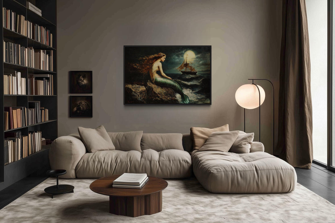 Mermaid and Ship Under Moon Dark Academia Framed Canvas Wall Art