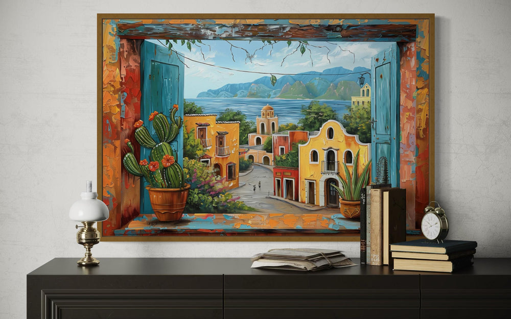 Mexican Village Window View Framed Canvas Wall Art