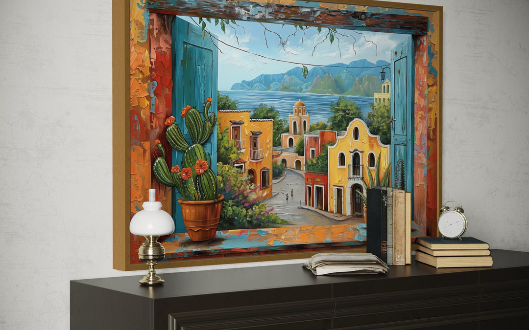 Mexican Village Window View Framed Canvas Wall Art