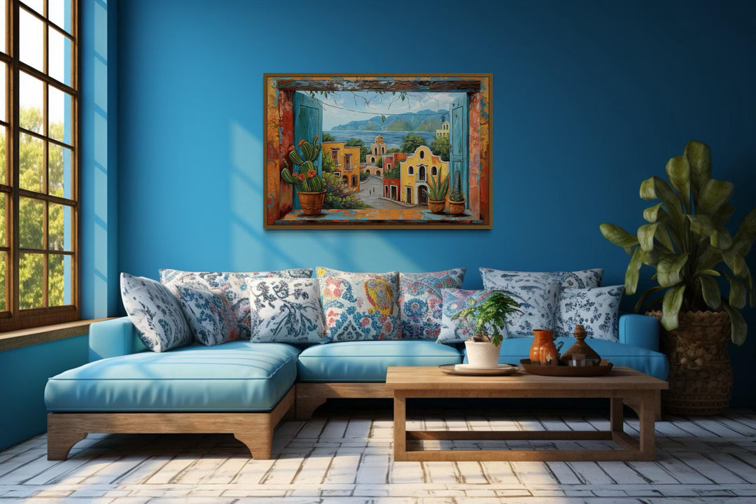 Mexican Village Window View Framed Canvas Wall Art