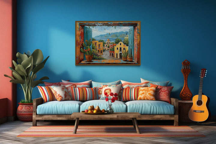 Mexican Village Window View Framed Canvas Wall Art