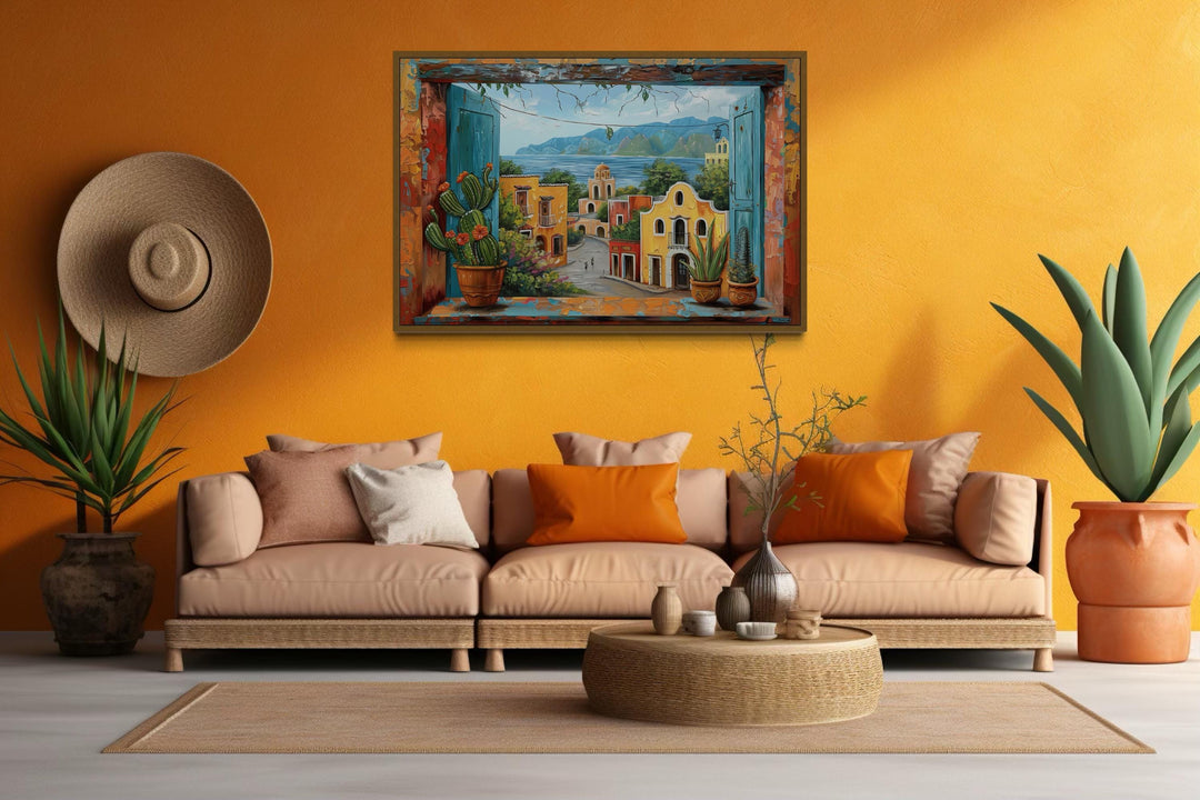 Mexican Village Window View Framed Canvas Wall Art