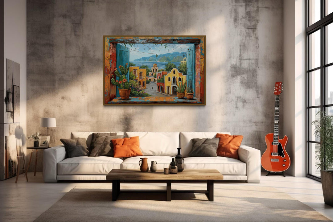 Mexican Village Window View Framed Canvas Wall Art
