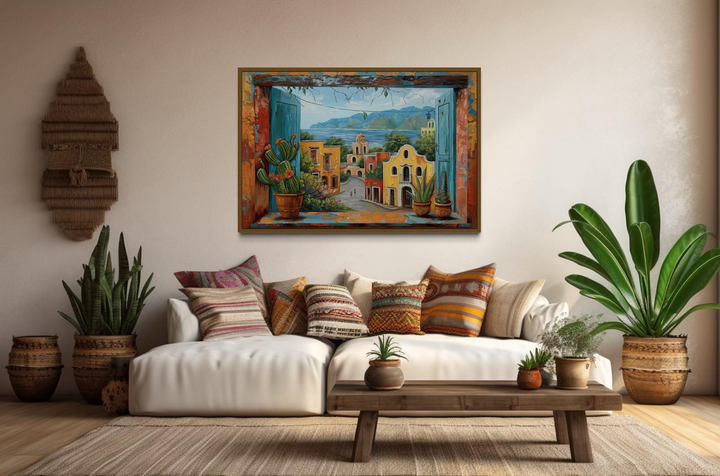 Mexican Village Window View Framed Canvas Wall Art
