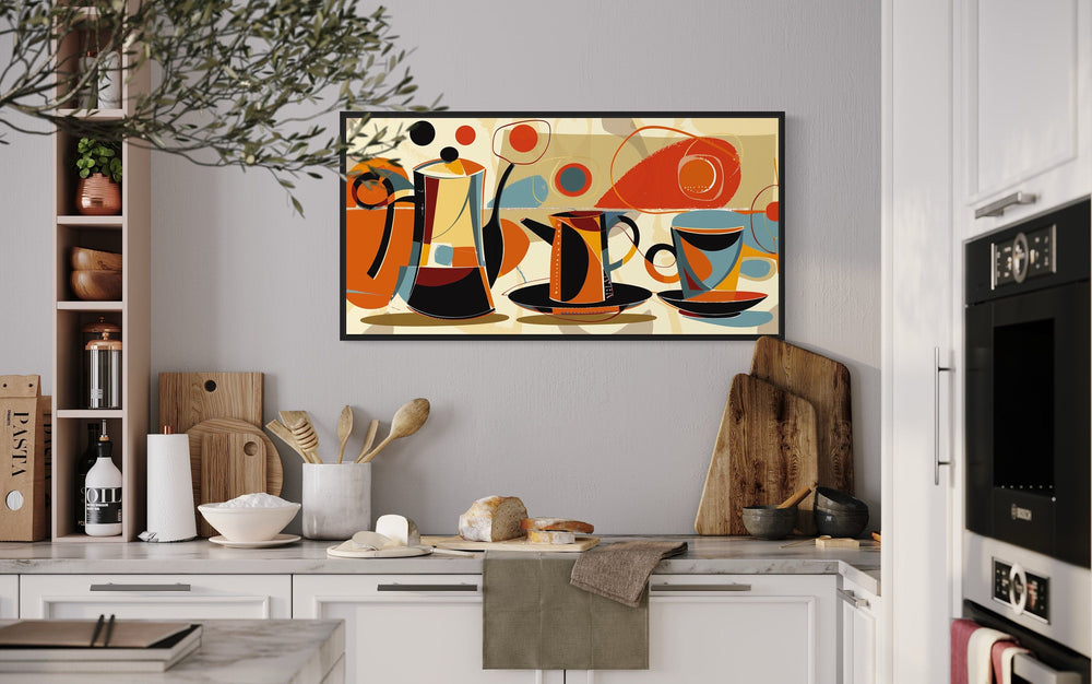 Mid Century Modern Coffee Pot And Cups Kitchen Framed Canvas Wall Art