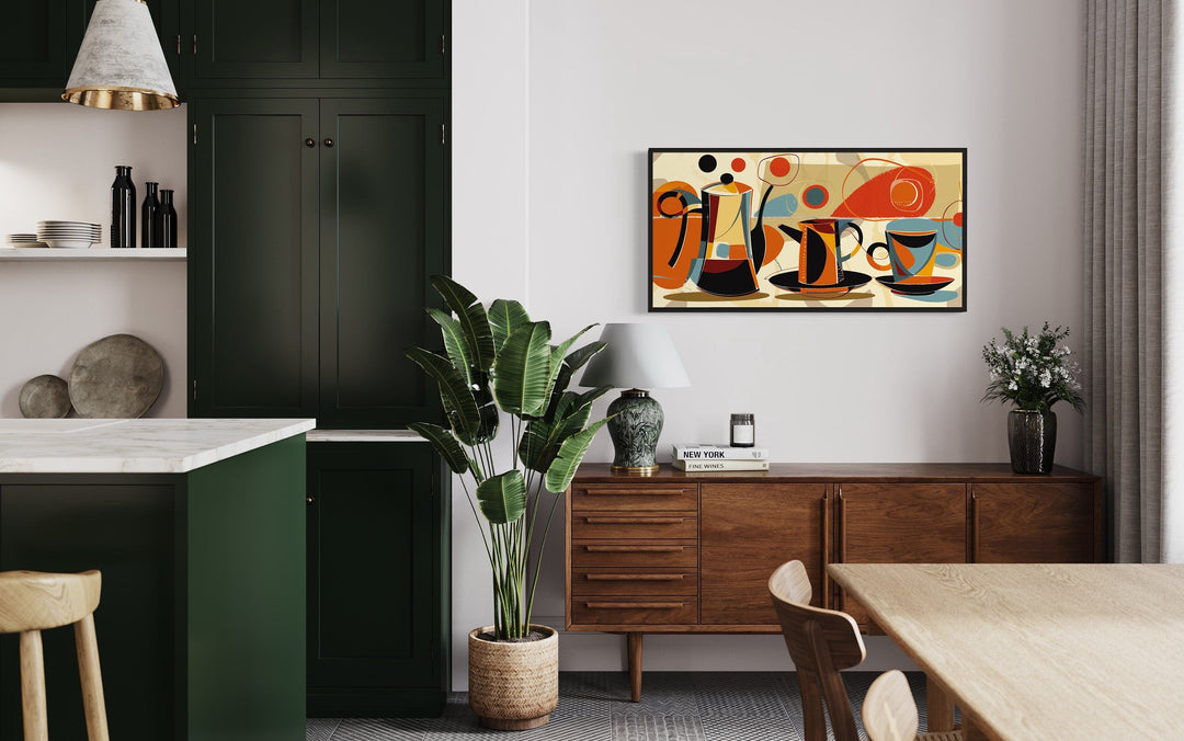 Mid Century Modern Coffee Pot And Cups Kitchen Framed Canvas Wall Art