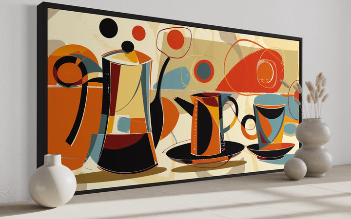 Mid Century Modern Coffee Pot And Cups Kitchen Framed Canvas Wall Art