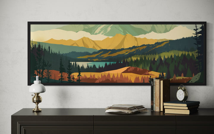 Mid Century Modern Green Landscape Mountain Lake Long Narrow Wall Art
