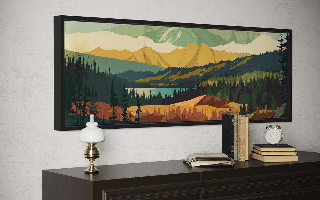 Mid Century Modern Green Landscape Mountain Lake Long Narrow Wall Art