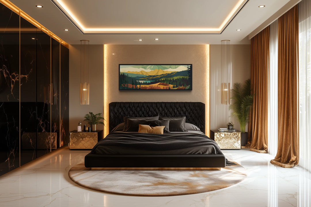 Mid Century Modern Green Landscape Mountain Lake Long Narrow Wall Art