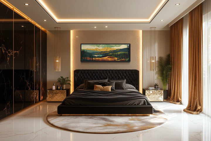 Mid Century Modern Green Landscape Mountain Lake Long Narrow Wall Art