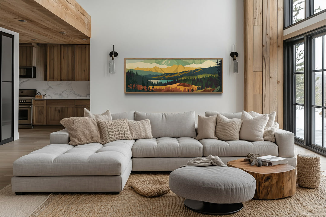 Mid Century Modern Green Landscape Mountain Lake Long Narrow Wall Art