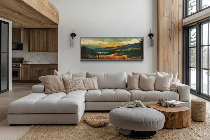 Mid Century Modern Green Landscape Mountain Lake Long Narrow Wall Art