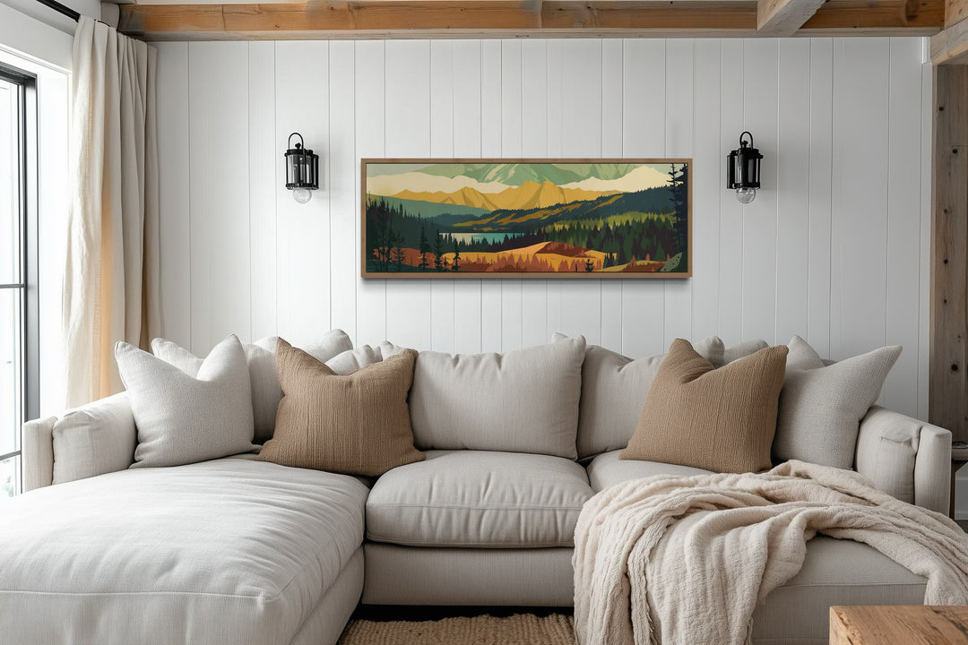 Mid Century Modern Green Landscape Mountain Lake Long Narrow Wall Art