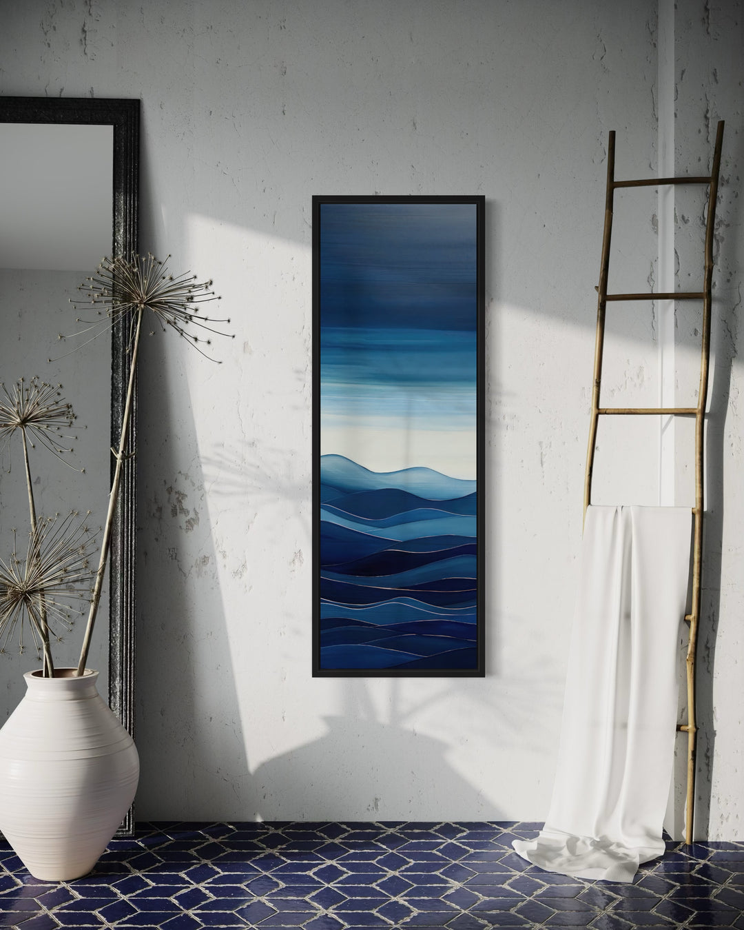 Mid Century Modern Navy Blue Ocean Long Narrow Vertical Framed Canvas Wall Art