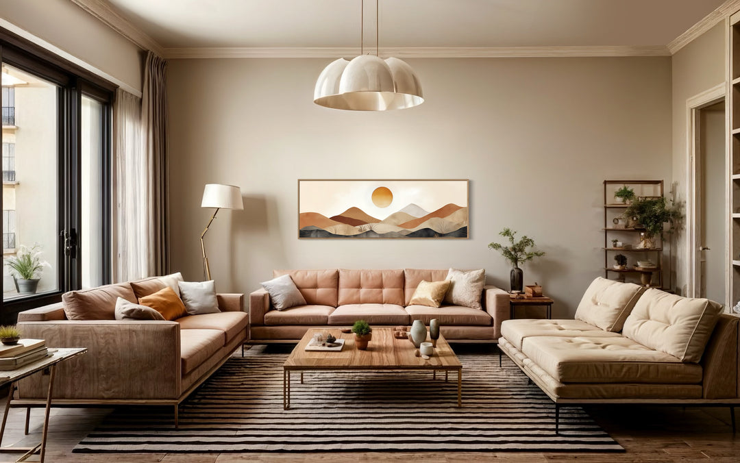 Mid Century Modern Neutral Brown Beige Mountain Landscape Canvas Wall Art