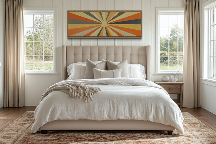 Mid Century Modern Neutral Sun Long Horizontal Framed Canvas Wall Art