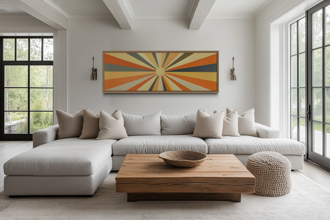 Mid Century Modern Neutral Sun Long Horizontal Framed Canvas Wall Art