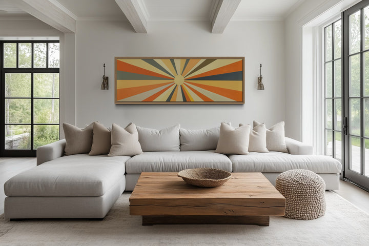 Mid Century Modern Neutral Sun Long Horizontal Framed Canvas Wall Art