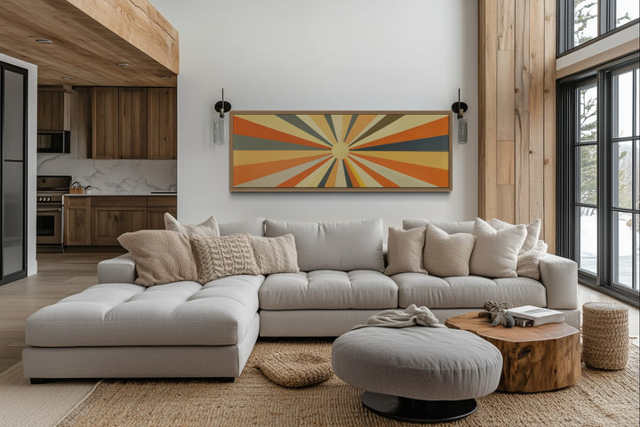 Mid Century Modern Neutral Sun Long Horizontal Framed Canvas Wall Art