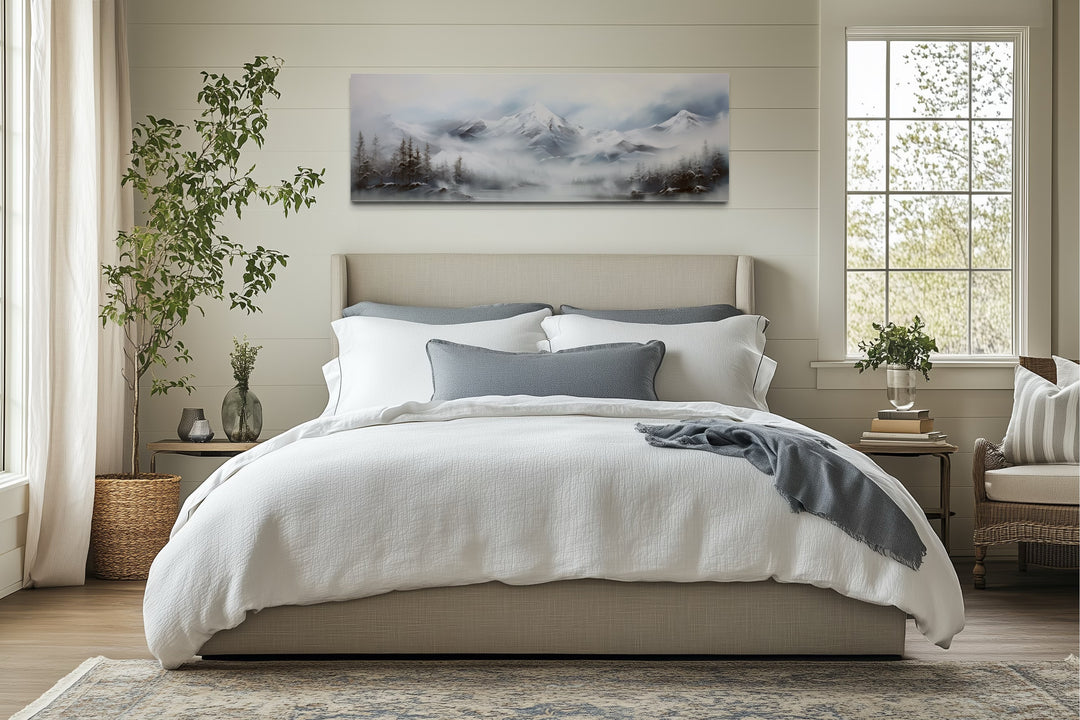 Minimalist Abstract Mountain Horizontal Grey Silver White Over Bed Wall Art