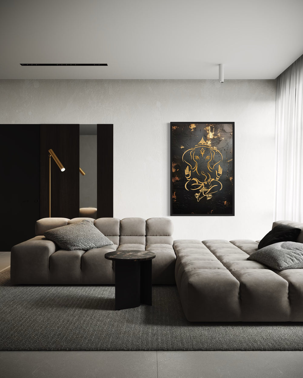 Minimalist Black Gold Lord Ganesha Framed Canvas Wall Art