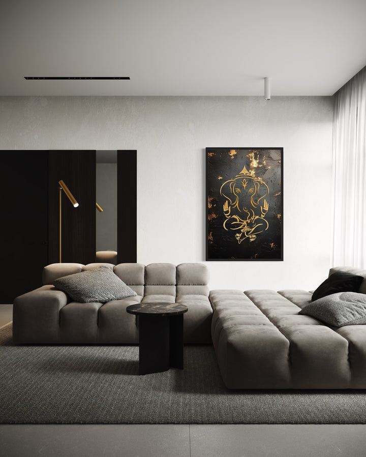 Minimalist Black Gold Lord Ganesha Framed Canvas Wall Art
