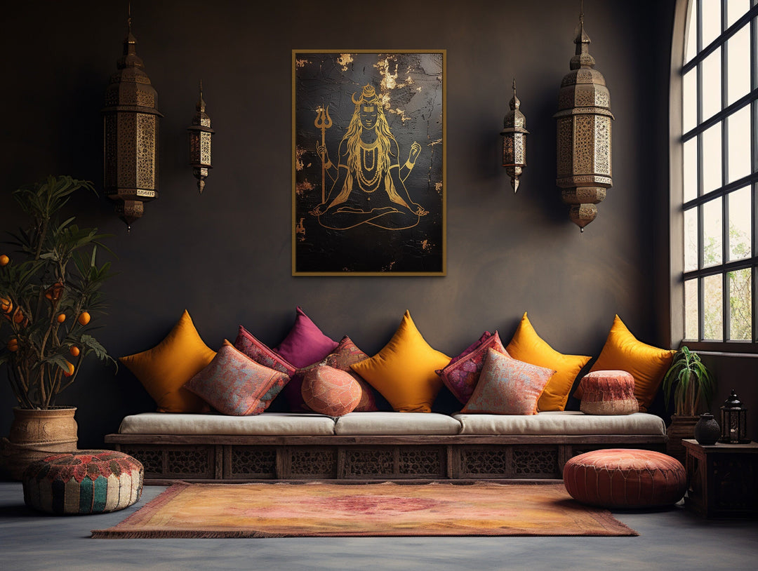 Minimalist Black Gold Lord Shiva Indian Framed Canvas Wall Art