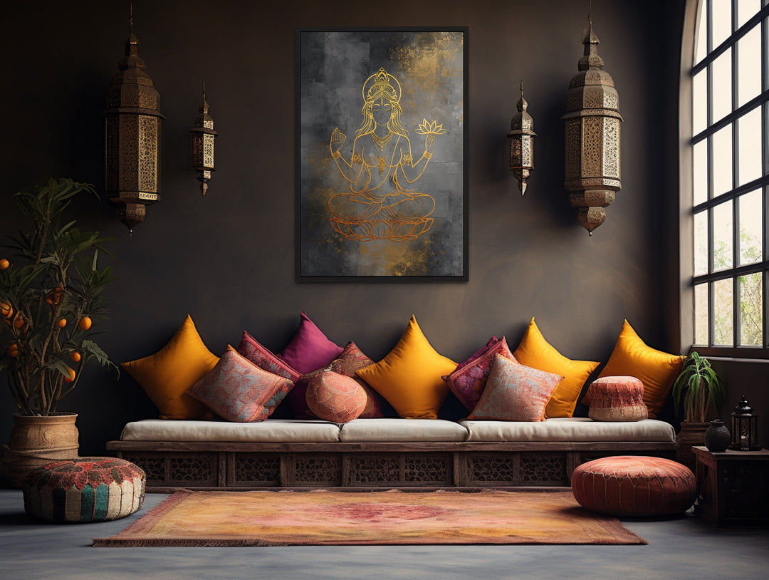 Minimalist Lakshmi Gold Silver Indian Goddess Framed Canvas Wall Art