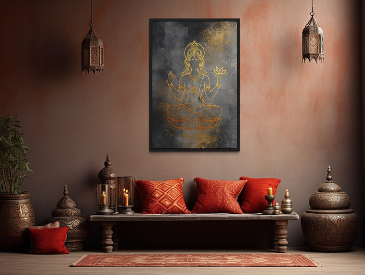 Minimalist Lakshmi Gold Silver Indian Goddess Framed Canvas Wall Art