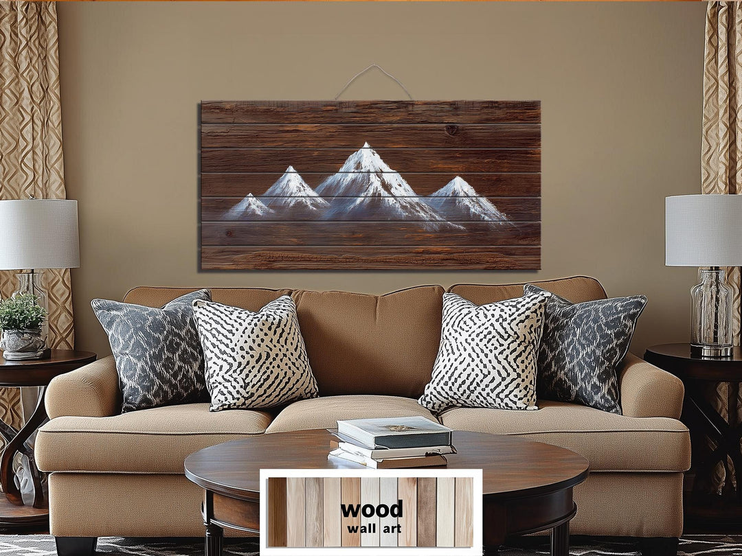 Minimalist White Silhouette Mountain Distressed Wood Wall Art