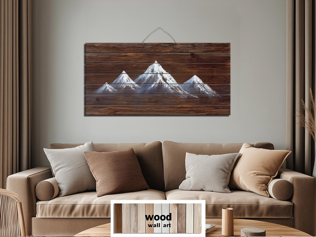 Minimalist White Silhouette Mountain Distressed Wood Wall Art
