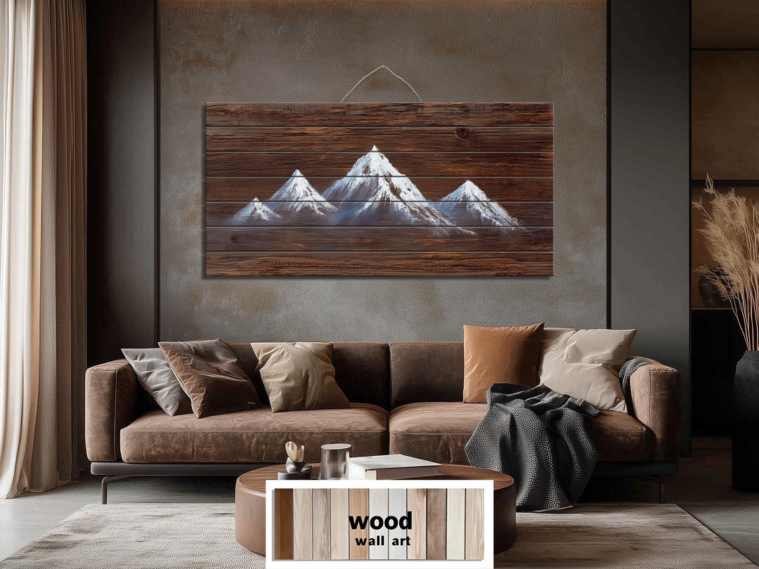 Minimalist White Silhouette Mountain Distressed Wood Wall Art
