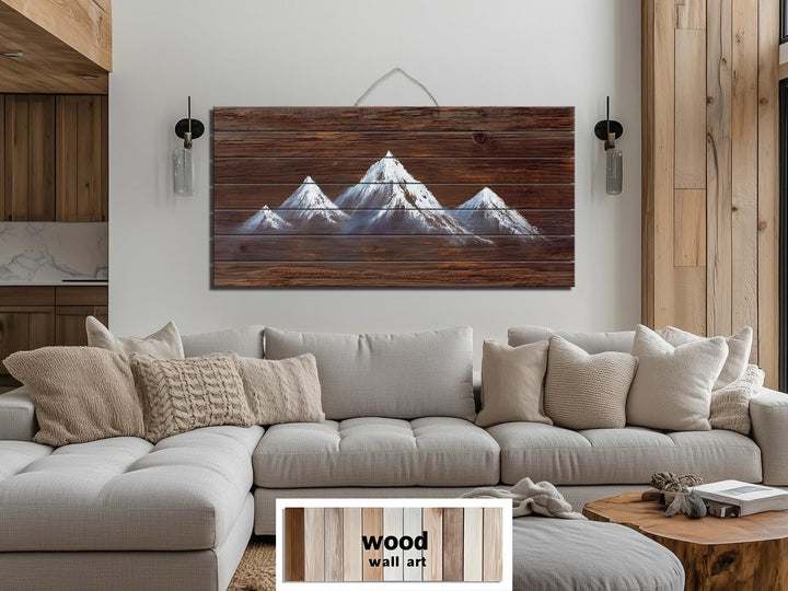 Minimalist White Silhouette Mountain Distressed Wood Wall Art