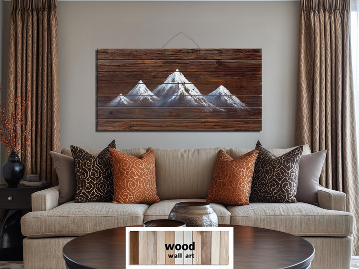 Minimalist White Silhouette Mountain Distressed Wood Wall Art