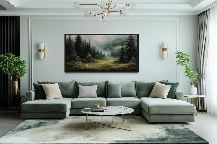 Misty Mountain Meadow and Pine Forest Canvas Wall Art