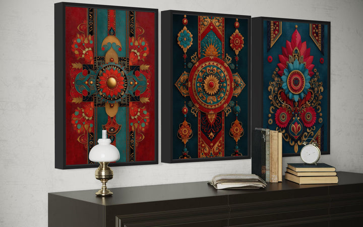 Modern Indian Wall Art For Living Room Set Of 3 - Red Teal And Gold Canvas Prints With Traditional Textile Patterns