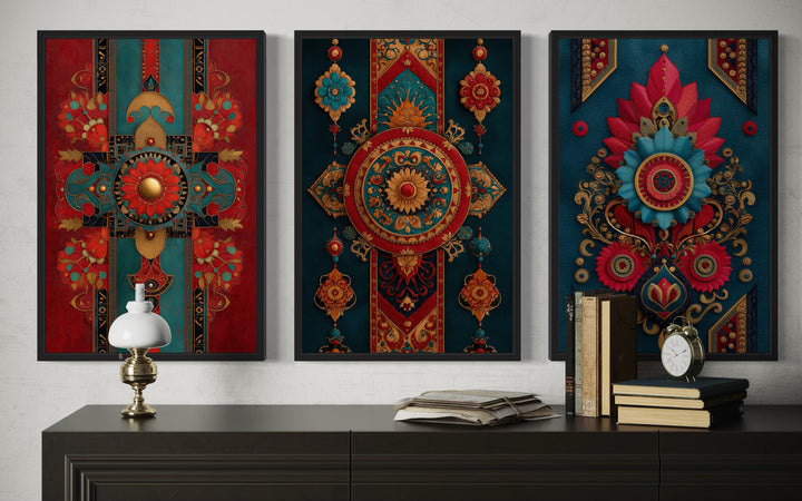 Modern Indian Wall Art For Living Room Set Of 3 - Red Teal And Gold Canvas Prints With Traditional Textile Patterns