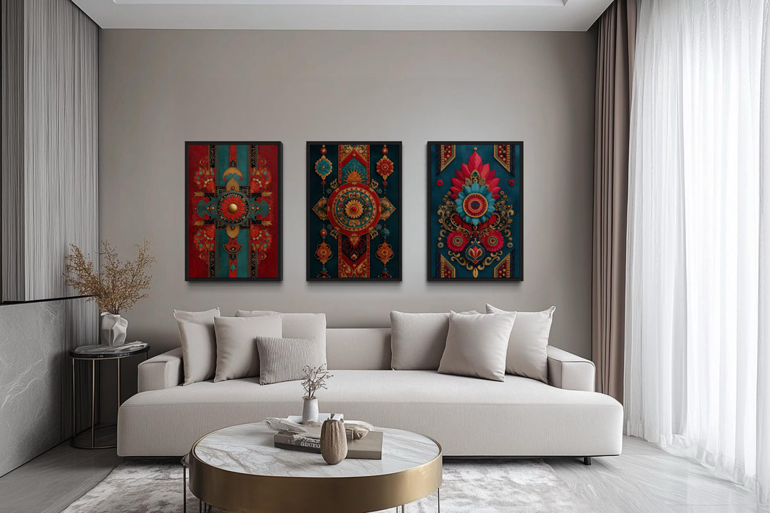 Modern Indian Wall Art For Living Room Set Of 3 - Red Teal And Gold Canvas Prints With Traditional Textile Patterns