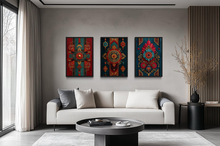 Modern Indian Wall Art For Living Room Set Of 3 - Red Teal And Gold Canvas Prints With Traditional Textile Patterns