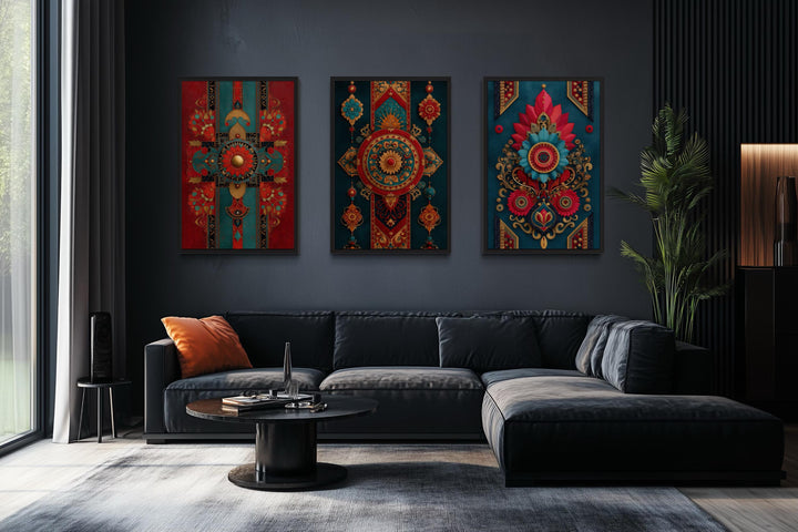 Modern Indian Wall Art For Living Room Set Of 3 - Red Teal And Gold Canvas Prints With Traditional Textile Patterns